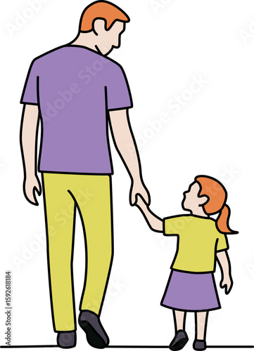 A heartwarming illustration of a father and daughter holding hands. Ideal for depicting family bonds, everyday life, and parental love