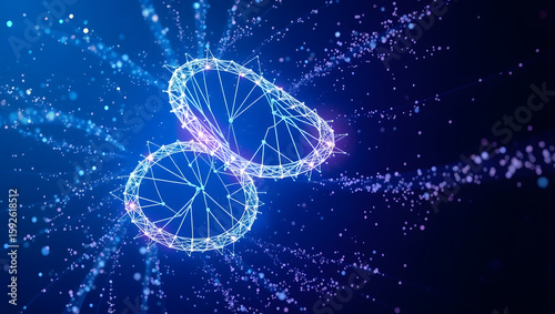 Wireframe DNA strand glowing in a vibrant, futuristic digital environment.
