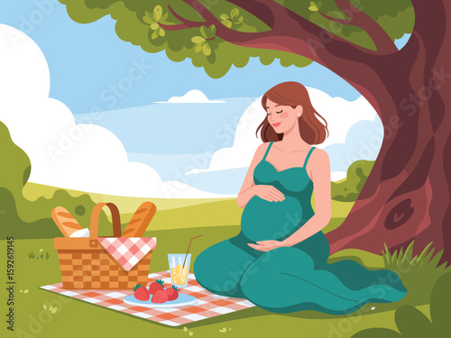 Expectant Mother Enjoying a Peaceful Picnic Under a Lush Tree