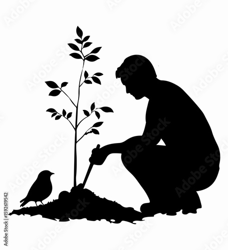 Silhouette of a Man with Hat Holding a Plant Illustration