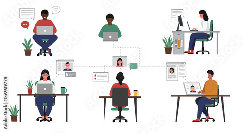 Remote work concept showing a diverse team connecting through computers. Perfect for illustrating online collaboration, virtual meetings, and freelance lifestyle.