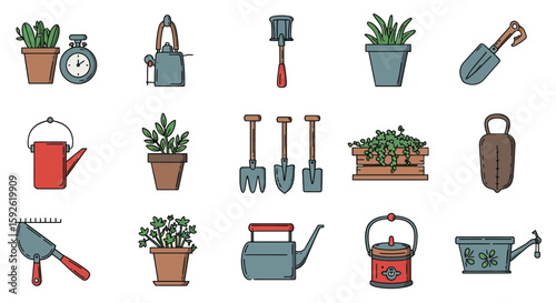 Collection of garden tools and potted plants depicting items for planting, growing, and garden maintenance. Use as icons, patterns, or design elements.