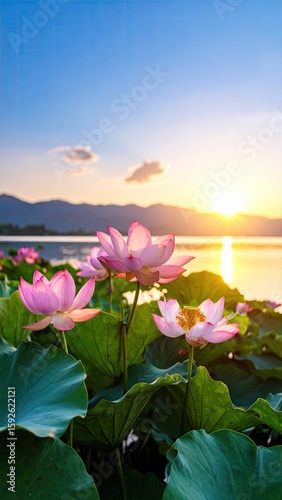 Lotus flowers at sunrise over a lake