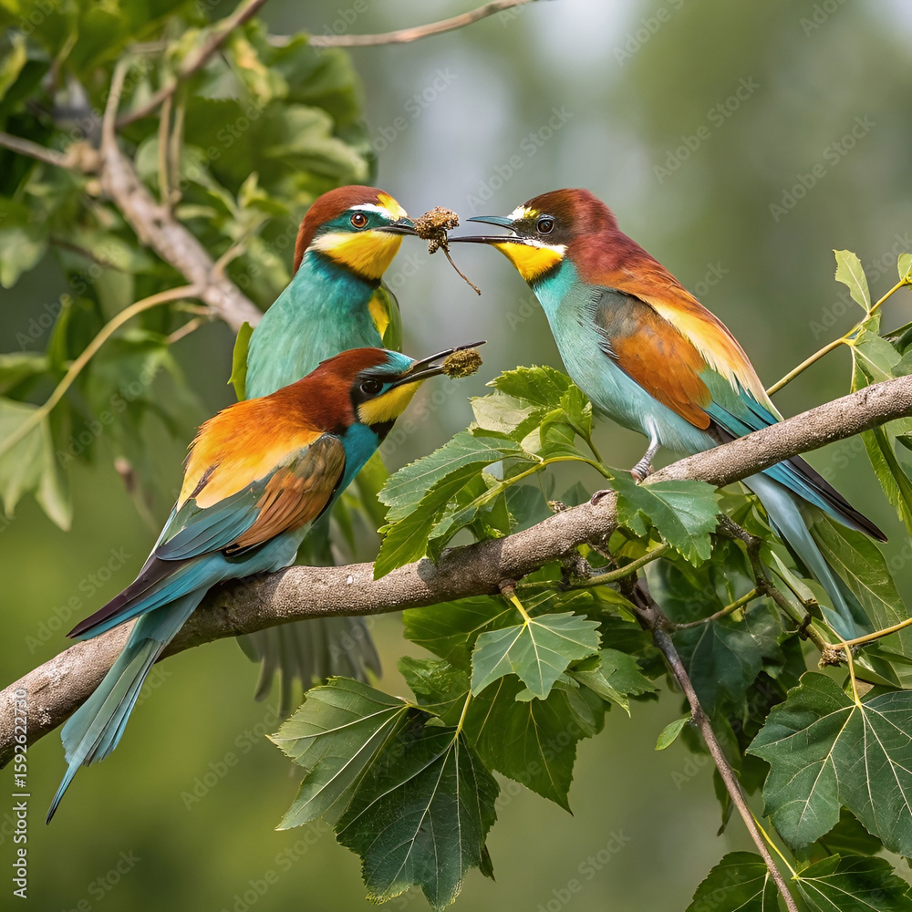 Obraz premium colorful bee eaters sharing food on the tree branch