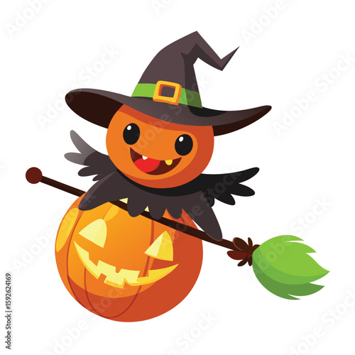 A playful small pumpkin carved with a witch flying on a broomstick, glowing warmly for a classic Halloween atmosphere.