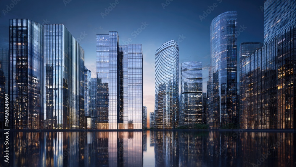 Fototapeta premium Modern cityscape reflected in tranquil water at twilight