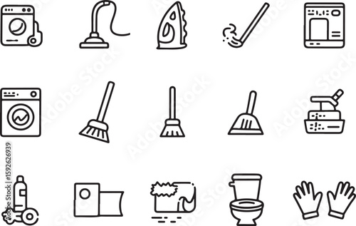 Hand drawn icons representing household cleaning supplies and appliances
