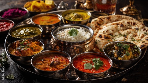Colorful Indian platter of curries, rice, and naan