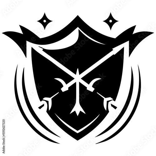 Badge of a ranger or hunter, featuring the tools of the trade on a shield