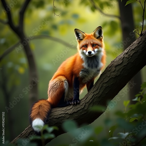 Red Fox Sitting on Tree Branch in Forest, Majestic Wildlife Animal Portrait