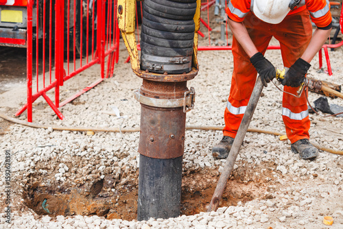 Konstfotografi Vacuum excavator used on construction site by builders to dig ground in safe man