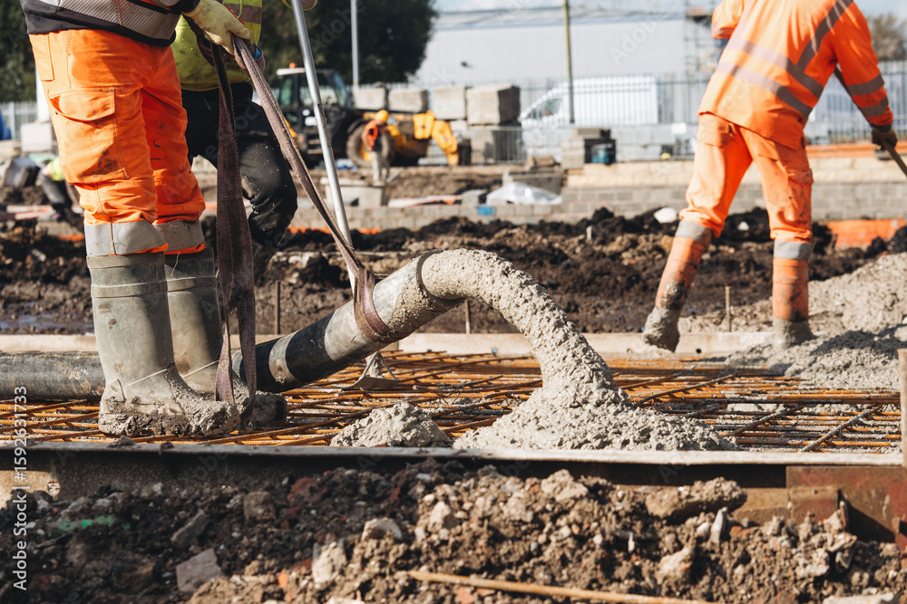 Obraz premium Close-up of Concreters builders using concrete pump to pour wet concrete at building site