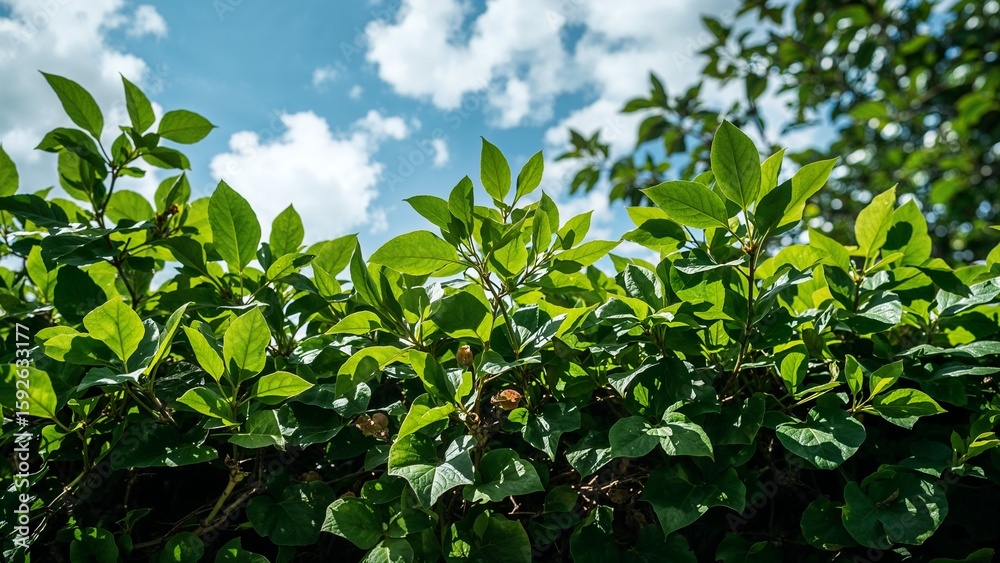 Fototapeta premium Lush green foliage against a partly cloudy sky.
