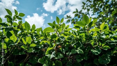 Lush green foliage against a partly cloudy sky.