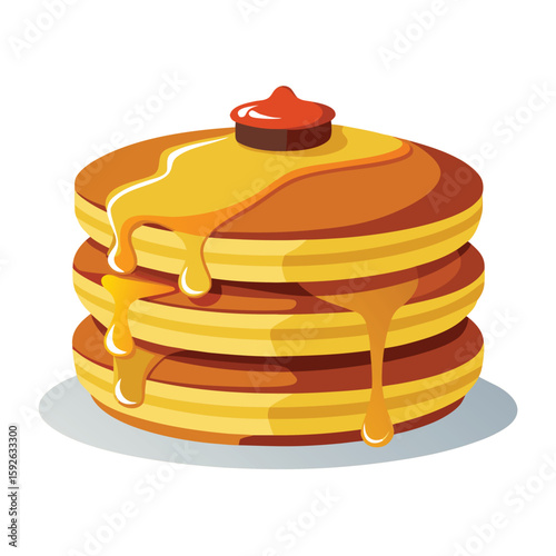 A delightful stack of three fluffy pancakes, generously drizzled with golden maple syrup and topped with a pat of butter.
