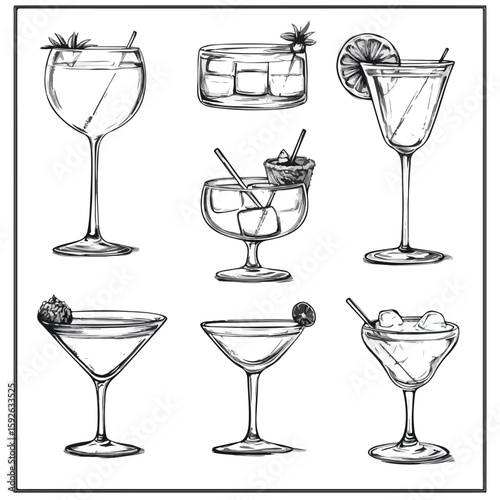 Hand-drawn Cocktail Glasses Sketch Set