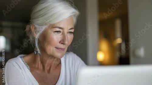 Senior woman with long white hair smiles while using a laptop in a cozy indoor setting. 