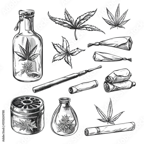 Hand-Drawn Sketch Weed Smoking Tools Set