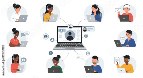 Flat vector illustration of a digital video conference connecting diverse people on their devices for remote meetings, telecommuting, and virtual communication.