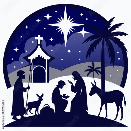 Holy family nativity scene with a star in the winter desert night and a dog silhouette