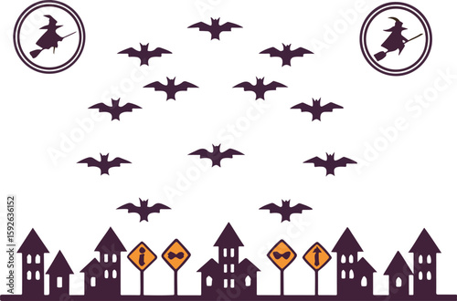 Spooky halloween scene featuring bats witch houses and road signs against a white background