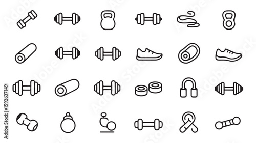 Fitness and Gym Line Icons – Dumbbells, Kettlebells, Shoes, Jump Ropes, Mats, and Workout Equipment

