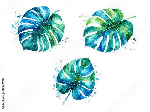 Watercolor depiction of three vibrant monstera leaves with colorful splashes.
