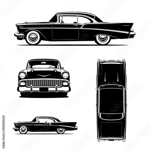 Black and white vector illustration of a classic car from multiple angles