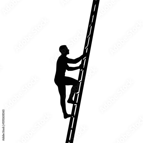 Silhouette of a man climbing a ladder against a stark white background view