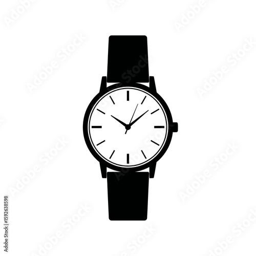 Illustration of a wrist watch with a black strap and a white clock face