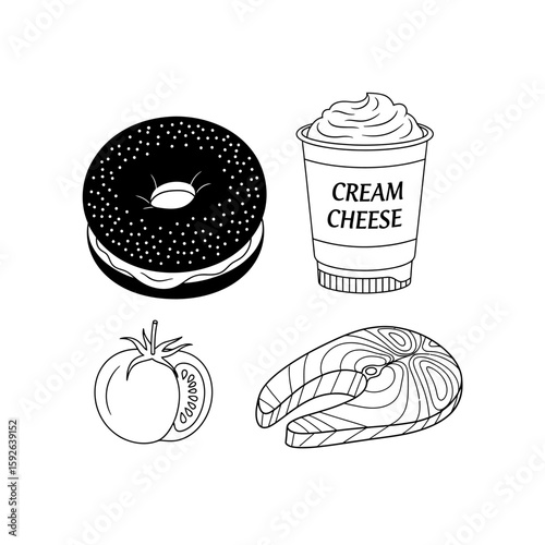 Black and white illustration of bagel cream cheese tomato and salmon steak