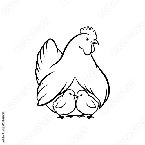 A hen protecting two chicks under her wings in a black and white drawing
