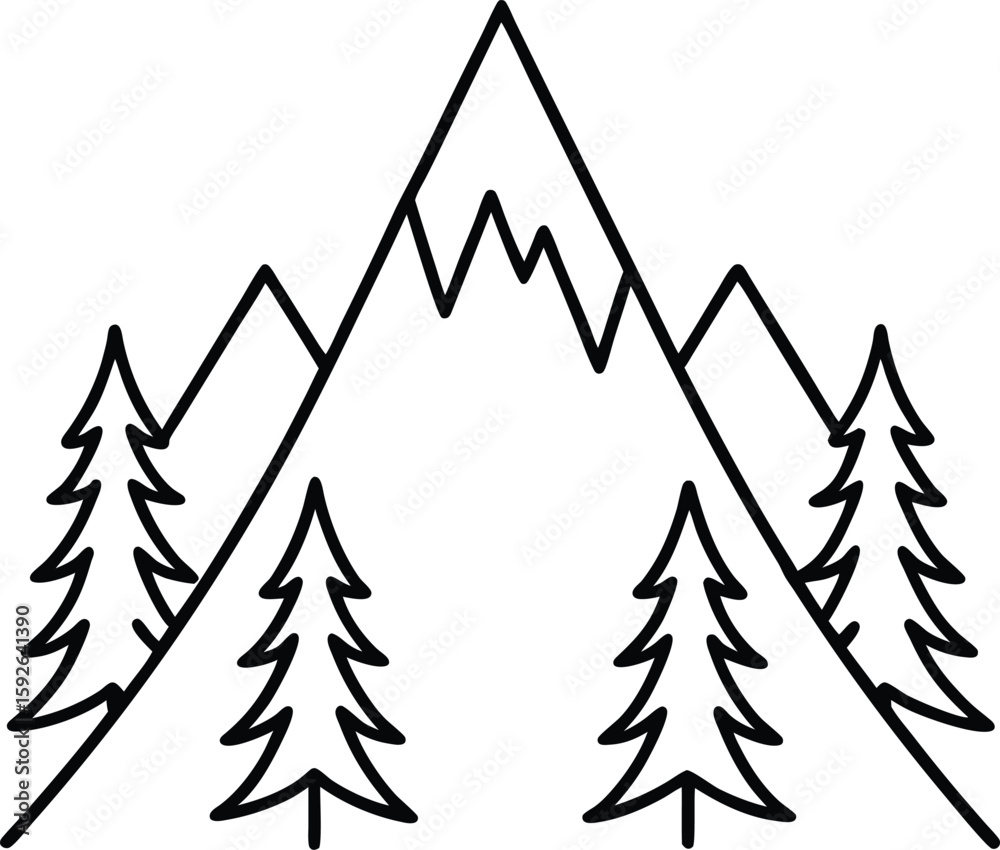 Fototapeta premium Detailed mountain landscape with pine trees coloring page design