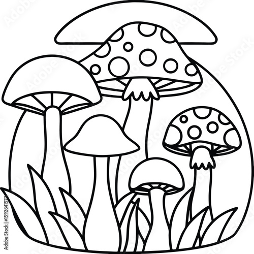Whimsical forest mushrooms coloring page design