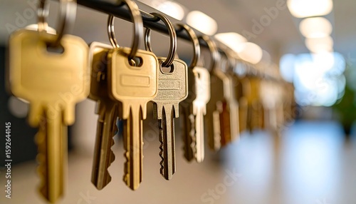 Row of golden metal keys on key rings hanging on a rack indoors security