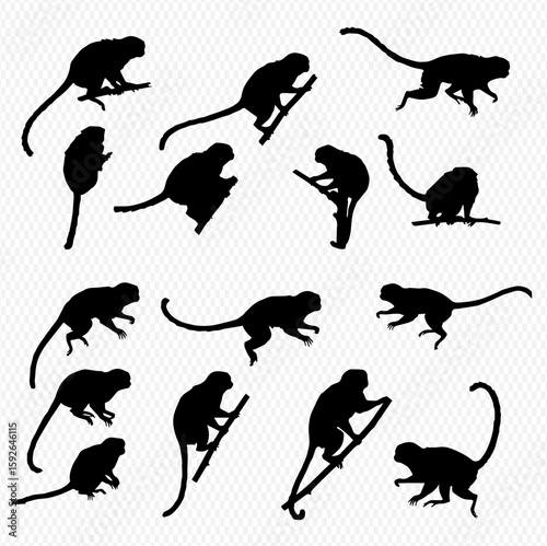 A collection of fifteen black silhouette illustrations depicting various monkey poses, including sitting, climbing, and standing, against a transparent background.
