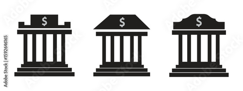 Bank building icon set, financial institution symbols in solid style
