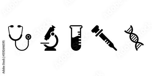 Vector icons of scientific and medical research equipment: microscope, test tube, syringe, DNA strand, stethoscope, lab tools.