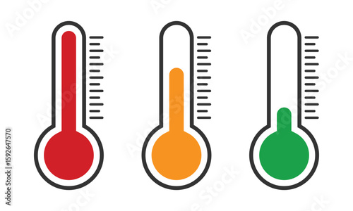 Three thermometers showing different levels of temperature with red orange and green colors displayed