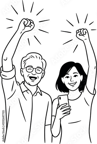 Excited people celebrating success vector illustration with raised fists and phone silhouette