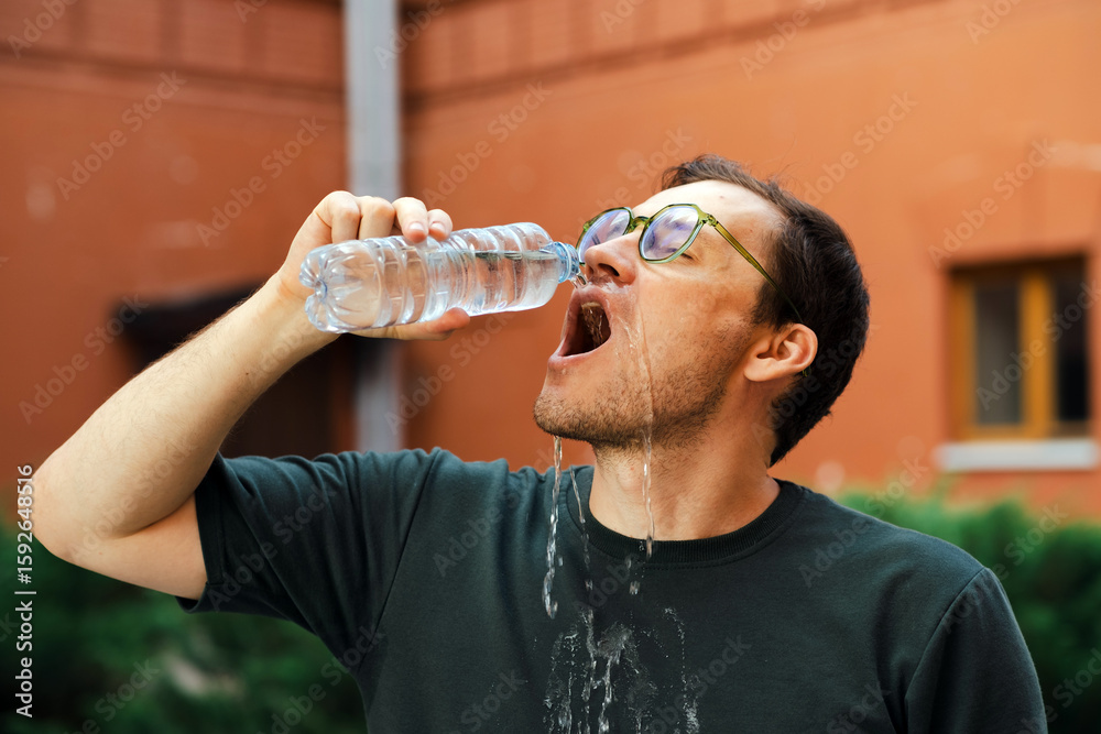 Fototapeta premium A young man in casual attire is outdoors enjoying a refreshing drink from a water bottle Water spills down his chin as he takes a deep sip signifying a moment of thirst quenching on a warm day