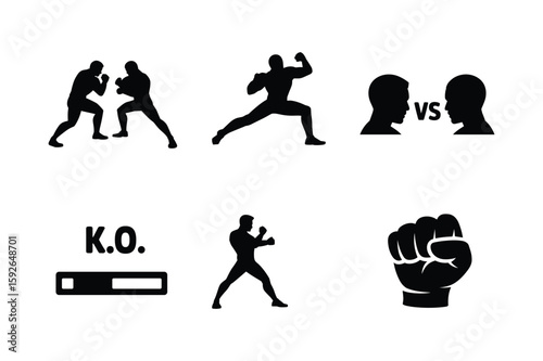 Boxing match silhouettes with knockout text and fist fighters combat