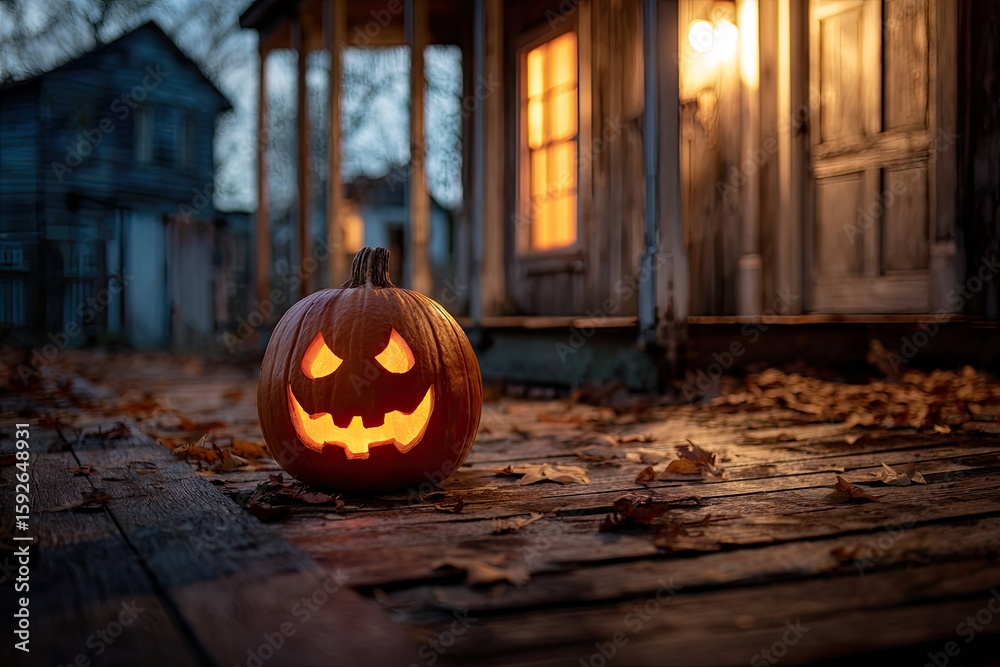 Fototapeta premium Jack-o'-lantern on porch, Halloween mood