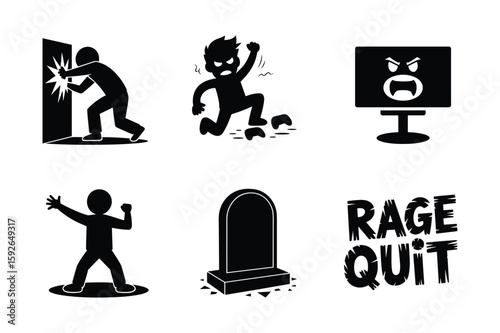 Furious figures smashing objects and a tombstone with text silhouette anger