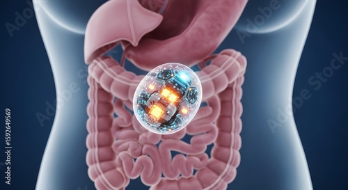 A glowing nanobot or micro-robot travels through the human digestive system, symbolizing advanced medical technology and targeted treatment for internal diseases