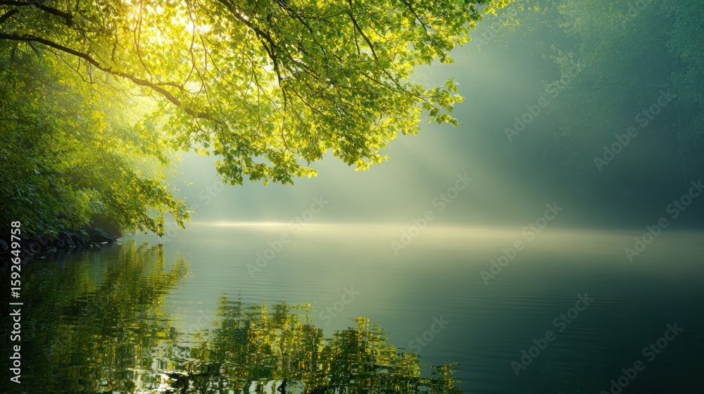 Fototapeta premium Tranquil lake scene under a canopy of lush trees.