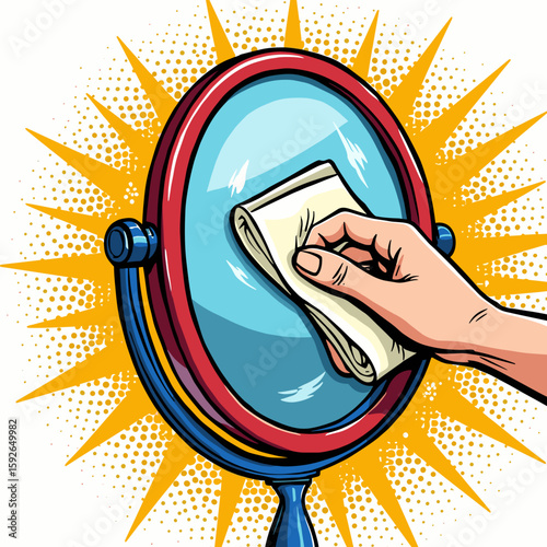 Hand cleaning a mirror with a cloth, illustrating hygiene and beauty concepts