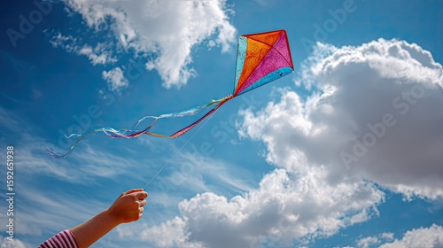 Colorful kite soars in a partly cloudy blue sky
