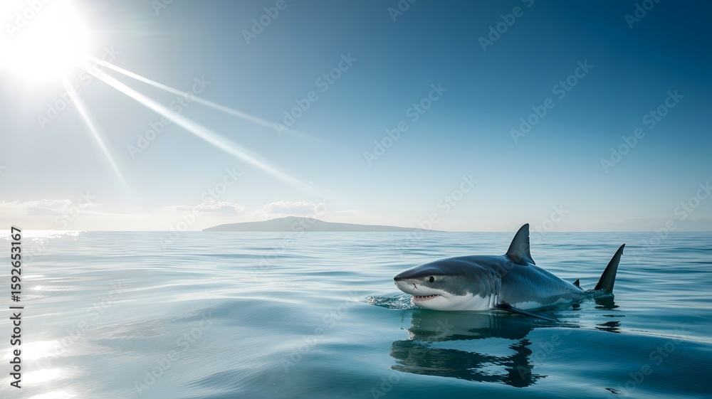Fototapeta premium Great white shark surfaces under a clear blue sky near an island