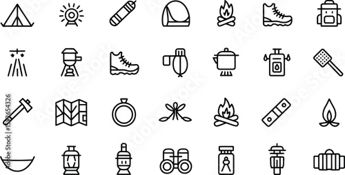 Collection of camping and hiking equipment icons silhouette